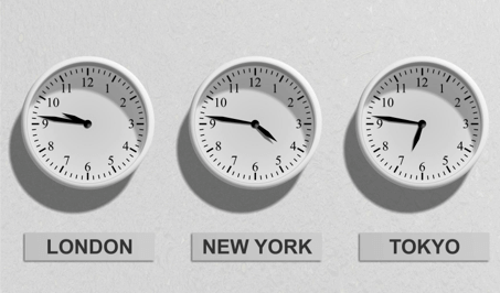 Three clocks that shows time of London, New york and Tokyo
