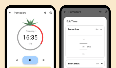 Planndu app screenshots of pomodoro focus timer