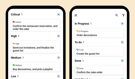 Planndu app screenshots of priority and status
