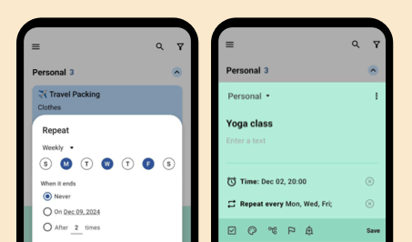 Planndu app screenshots of repeat reminders