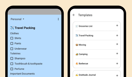 Planndu app screenshots of templates